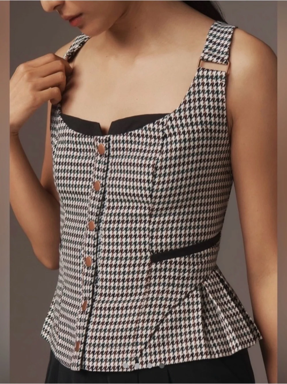 Anthropologie Black and White Houndstooth Button-Front Cropped Top - Picture 3 of 12